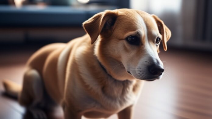 Hyperrealistic photo, medium-sized dog (Labrador mix) showing stress. Heaving slightly, tucked tail, ears subtly back, worried eyes. Softly lit living room, detailed fur, realistic lighting. Photorealistic, 8k, no text.
