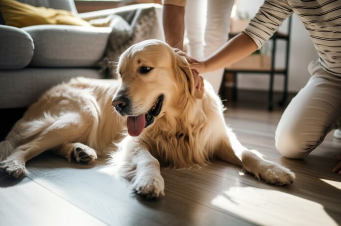 Hyperrealistic photograph: A young child gently petting a calm, relaxed Golden Retriever on a sunlit living room floor. A supervising adult's legs are subtly visible nearby, ensuring safety. Focus on peaceful coexistence, detailed textures, warm natural light. Absolutely no text, letters, or writing. Utterly artifact-free.