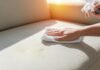 Hunde Urin Geruch entfernen: So wird’s wieder frisch! Hyperrealistic close-up of a hand cleaning a dog urine stain on a beige fabric sofa with a cloth in a sunlit living room. Enzyme cleaner spray bottle visible. Focus on fabric texture and stain detail. Shallow depth of field. Photorealistic, no text.