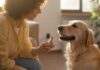 Hunde Verhaltenstraining: Für ein harmonisches Zusammenleben! Hyperrealistic close-up: woman gently trains attentive Golden Retriever in sunlit living room. Treat in hand, dog focused, soft natural light, detailed fur, warm atmosphere, no text. Emphasize realistic textures and lighting. Artifact-free.