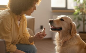 Hunde Verhaltenstraining: Für ein harmonisches Zusammenleben! Hyperrealistic close-up: woman gently trains attentive Golden Retriever in sunlit living room. Treat in hand, dog focused, soft natural light, detailed fur, warm atmosphere, no text. Emphasize realistic textures and lighting. Artifact-free.