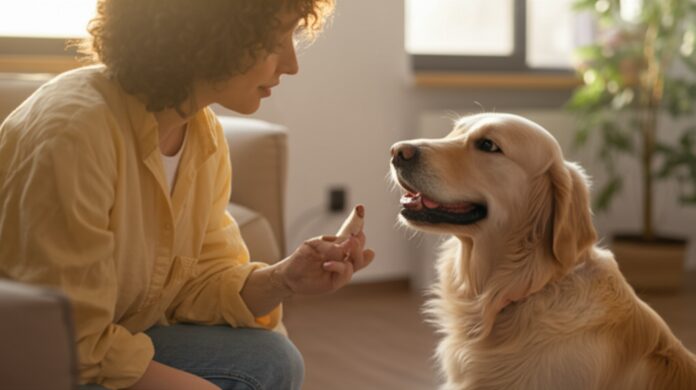 Hyperrealistic close-up: woman gently trains attentive Golden Retriever in sunlit living room. Treat in hand, dog focused, soft natural light, detailed fur, warm atmosphere, no text. Emphasize realistic textures and lighting. Artifact-free.