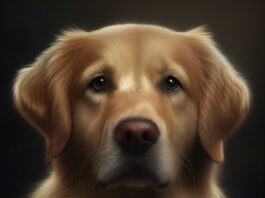 Hyperrealistisches Nahaufnahme-Porträt eines Golden Retrievers mit leicht glanzlosem Fell. Traurige, müde Augen, besorgter Ausdruck. Weiches natürliches Licht, geringe Tiefenschärfe, verschwommener Hintergrund. Feine Fell-Details, realistische Hauttextur, perfekte Anatomie. Kein Text.