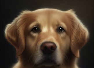 Hunde Würmer Symptome: So erkennen Sie einen Wurmbefall bei Ihrem Hund! Hyperrealistisches Nahaufnahme-Porträt eines Golden Retrievers mit leicht glanzlosem Fell. Traurige, müde Augen, besorgter Ausdruck. Weiches natürliches Licht, geringe Tiefenschärfe, verschwommener Hintergrund. Feine Fell-Details, realistische Hauttextur, perfekte Anatomie. Kein Text.