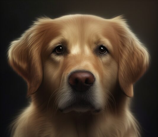 Hyperrealistisches Nahaufnahme-Porträt eines Golden Retrievers mit leicht glanzlosem Fell. Traurige, müde Augen, besorgter Ausdruck. Weiches natürliches Licht, geringe Tiefenschärfe, verschwommener Hintergrund. Feine Fell-Details, realistische Hauttextur, perfekte Anatomie. Kein Text.