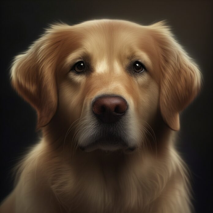Hyperrealistisches Nahaufnahme-Porträt eines Golden Retrievers mit leicht glanzlosem Fell. Traurige, müde Augen, besorgter Ausdruck. Weiches natürliches Licht, geringe Tiefenschärfe, verschwommener Hintergrund. Feine Fell-Details, realistische Hauttextur, perfekte Anatomie. Kein Text.