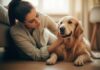 Hyperrealistic close-up portrait: a serene woman gently strokes a golden retriever in a sun-drenched living room. The dog lies calmly at her feet, content. Soft, warm light, incredibly detailed fur and skin textures. Shallow depth of field, emphasizing their connection. No text, photorealistic, artifact-free.