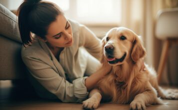 Hyperrealistic close-up portrait: a serene woman gently strokes a golden retriever in a sun-drenched living room. The dog lies calmly at her feet, content. Soft, warm light, incredibly detailed fur and skin textures. Shallow depth of field, emphasizing their connection. No text, photorealistic, artifact-free.