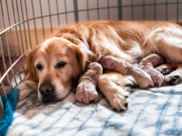 A hyperrealistic, intimate portrait of a tired but content golden retriever mother dog lying in a cozy whelping box filled with soft blankets. Several tiny, wrinkled newborn puppies are nestled against her belly, suckling and sleeping. Soft, diffused natural light streams from a nearby window, casting gentle shadows and highlighting the textures of fur and skin. Shallow depth of field, focus on the mother's loving gaze and the vulnerability of the puppies. No text.