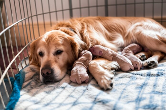 A hyperrealistic, intimate portrait of a tired but content golden retriever mother dog lying in a cozy whelping box filled with soft blankets. Several tiny, wrinkled newborn puppies are nestled against her belly, suckling and sleeping. Soft, diffused natural light streams from a nearby window, casting gentle shadows and highlighting the textures of fur and skin. Shallow depth of field, focus on the mother's loving gaze and the vulnerability of the puppies. No text.