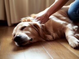 Golden retriever dog lying on its side on a wooden floor, eyes closed in bliss, as a woman's hands perform a gentle massage on its back. Soft morning light streams through a nearby window, casting subtle shadows. Shallow depth of field, hyperrealistic, photorealistic, incredibly detailed, no text, artifact-free.