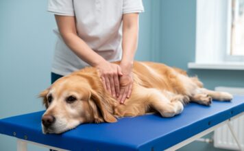 Hundephysiotherapie: Bewegung, Schmerzlinderung & Lebensqualität! Hyperrealistic photorealistic image: Medium shot of a relaxed golden retriever dog on a blue physiotherapy mat in a bright clinic. Gentle human physiotherapist massages dog's back muscles. Focus on the dog's serene expression, detailed fur texture, and physiotherapist's hands. Soft natural window light. Artefact-free. No text.