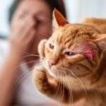 Katzen Allergien: Wenn die Katze ständig niest und kratzt! Hyperrealistic close-up: ginger tabby cat intensely scratching ear, revealing inflamed skin. Shallow depth of field, focused on distressed expression and fur detail. Soft, diffused window light. Blurred background shows worried woman observing. No text, artifact-free, photorealistic.