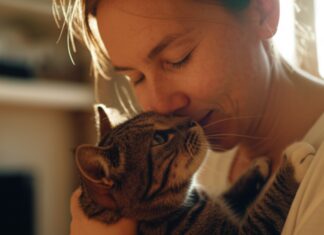 Hyperrealistic close-up of a loving owner gently cradling their tabby cat in a sun-drenched living room. Golden hour light, soft shadows, shallow depth of field, focusing on detailed cat fur and tender owner expression. Warm, inviting atmosphere. Photorealistic, no text, letters, or words. Artefact-free.