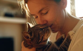 Hyperrealistic close-up of a loving owner gently cradling their tabby cat in a sun-drenched living room. Golden hour light, soft shadows, shallow depth of field, focusing on detailed cat fur and tender owner expression. Warm, inviting atmosphere. Photorealistic, no text, letters, or words. Artefact-free.