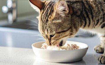 Hyperrealistic close-up of a domestic cat delicately eating shredded cooked chicken and soft white rice from a simple white bowl. Soft natural light from a window illuminating the scene. Kitchen counter background, shallow depth of field, focusing on the cat's face and the texture of the food. Extremely detailed, photorealistic, no text, 8k resolution, artefactual free.