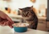 Hyperrealistic close-up of a gentle hand offering a small bowl of plain cooked chicken to a slightly unwell-looking domestic shorthair cat. The scene is set in a warmly lit kitchen with soft, diffused light. Focus on the tender interaction and the cat's slightly tired expression. Shallow depth of field, cinematic lighting, 8k, high detail. No text.