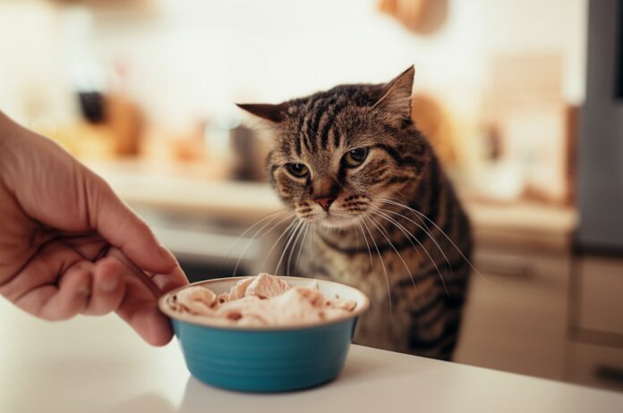Hyperrealistic close-up of a gentle hand offering a small bowl of plain cooked chicken to a slightly unwell-looking domestic shorthair cat. The scene is set in a warmly lit kitchen with soft, diffused light. Focus on the tender interaction and the cat's slightly tired expression. Shallow depth of field, cinematic lighting, 8k, high detail. No text.