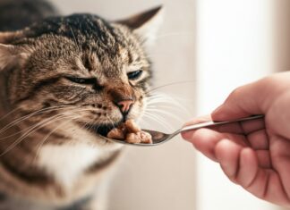 Katzen Ernährung bei Krankheit: So füttern Sie Ihre Katze gesund! Photorealistic hyperdetailed close-up of a Caucasian human hand gently offering a spoonful of appetizing wet cat food to a sick, shorthaired tabby cat. The cat has slightly droopy eyes and a trusting gaze, looking weak but accepting food. Soft, diffused natural indoor lighting, shallow depth of field, sharp focus on the cat's face and the hand. Visible individual strands of fur and subtle skin texture on the hand. No text, letters, or words in the image.