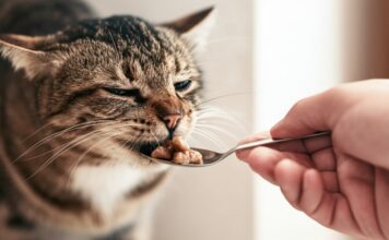 Photorealistic hyperdetailed close-up of a Caucasian human hand gently offering a spoonful of appetizing wet cat food to a sick, shorthaired tabby cat. The cat has slightly droopy eyes and a trusting gaze, looking weak but accepting food. Soft, diffused natural indoor lighting, shallow depth of field, sharp focus on the cat's face and the hand. Visible individual strands of fur and subtle skin texture on the hand. No text, letters, or words in the image.