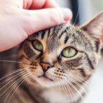 Katzen Erziehung ohne Gewalt: So erziehen Sie Ihre Katze mit Liebe und Verständnis! Photorealistic close-up of a tabby cat's face and a Caucasian human hand gently stroking its forehead. Soft, diffused sunlight, shallow depth of field, bokeh background. Detailed fur texture, whiskers, and expressive green cat eyes. Warm, loving atmosphere. No text.