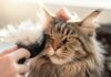Close-up, hyperrealistic photo of a fluffy Maine Coon cat being gently brushed with a grooming brush. Soft morning light streaming through a window illuminates the scene, highlighting loose fur flying around the brush. Gentle hands are visible. The cat has a relaxed, content expression. Cozy home environment. Photorealistic rendering, ultra-detailed fur texture, cinematic composition, artefact-free, no text.