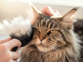 Close-up, hyperrealistic photo of a fluffy Maine Coon cat being gently brushed with a grooming brush. Soft morning light streaming through a window illuminates the scene, highlighting loose fur flying around the brush. Gentle hands are visible. The cat has a relaxed, content expression. Cozy home environment. Photorealistic rendering, ultra-detailed fur texture, cinematic composition, artefact-free, no text.