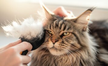 Close-up, hyperrealistic photo of a fluffy Maine Coon cat being gently brushed with a grooming brush. Soft morning light streaming through a window illuminates the scene, highlighting loose fur flying around the brush. Gentle hands are visible. The cat has a relaxed, content expression. Cozy home environment. Photorealistic rendering, ultra-detailed fur texture, cinematic composition, artefact-free, no text.