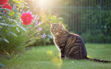 Katzen Freigang sichern: So schützen Sie Ihre Katze vor Gefahren! Hyperrealistic, photorealistic image of a majestic tabby cat sitting alertly in a sun-drenched garden at golden hour. Lush green grass, vibrant roses and lavender in bloom. A tall, slightly out-of-focus cat fence blends into the background. Intricate fur details, soft, warm lighting, shallow depth of field. Artefact-free, absolutely no text.