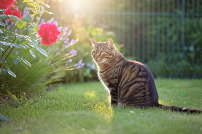 Hyperrealistic, photorealistic image of a majestic tabby cat sitting alertly in a sun-drenched garden at golden hour. Lush green grass, vibrant roses and lavender in bloom. A tall, slightly out-of-focus cat fence blends into the background. Intricate fur details, soft, warm lighting, shallow depth of field. Artefact-free, absolutely no text.
