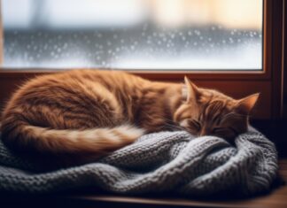 Hyperrealistic photograph, shallow depth of field. A fluffy ginger tabby cat curled up sleeping peacefully on a soft, knitted wool blanket placed on a rustic wooden windowsill. Outside the slightly frosted window, a serene, softly blurred snowy landscape is visible under gentle winter afternoon light. Focus on intricate fur texture, realistic condensation. No text, no letters, no words. Artefact-free.