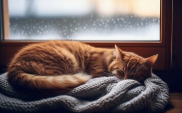 Hyperrealistic photograph, shallow depth of field. A fluffy ginger tabby cat curled up sleeping peacefully on a soft, knitted wool blanket placed on a rustic wooden windowsill. Outside the slightly frosted window, a serene, softly blurred snowy landscape is visible under gentle winter afternoon light. Focus on intricate fur texture, realistic condensation. No text, no letters, no words. Artefact-free.