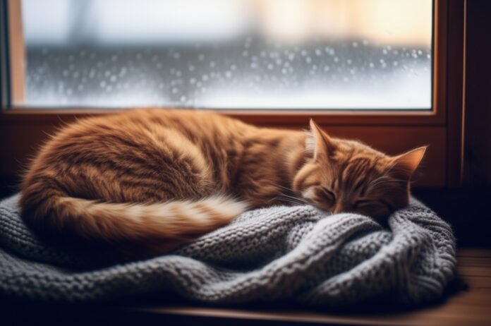 Hyperrealistic photograph, shallow depth of field. A fluffy ginger tabby cat curled up sleeping peacefully on a soft, knitted wool blanket placed on a rustic wooden windowsill. Outside the slightly frosted window, a serene, softly blurred snowy landscape is visible under gentle winter afternoon light. Focus on intricate fur texture, realistic condensation. No text, no letters, no words. Artefact-free.