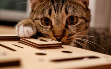 Hyperrealistic, dramatic close-up of a tabby cat intently solving a complex wooden puzzle toy. Paw delicately manipulating a sliding piece. Intense amber eyes, soft window light, shallow depth of field, detailed fur and wood texture. Warm, cozy living room background. No text.