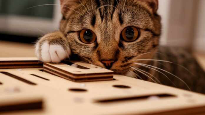 Hyperrealistic, dramatic close-up of a tabby cat intently solving a complex wooden puzzle toy. Paw delicately manipulating a sliding piece. Intense amber eyes, soft window light, shallow depth of field, detailed fur and wood texture. Warm, cozy living room background. No text.