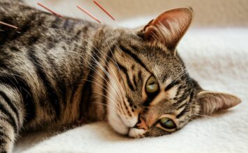 Katzen Naturheilkunde: Sanfte Medizin für Samtpfoten! Hyperrealistic extreme close-up photograph of a serene tabby cat lying on a natural wool blanket, receiving acupuncture treatment. Fine, sterile acupuncture needles are delicately placed along its spine, barely visible against its fur. Focus on the individual strands of fur, the metallic sheen of the needles, and soft, natural window light casting subtle shadows. Shallow depth of field, focusing on the cat's peaceful face. Warm, inviting atmosphere. Absolutely no text, words, or labels in the image.