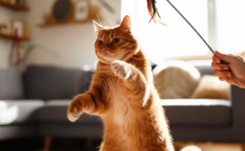 Hyperrealistic photograph, low-angle view of a ginger tabby cat mid-leap, paws extended to catch a feather toy. A human hand holds the toy just above the cat. Natural sunlight illuminates a cozy living room with soft bokeh in the background. Dust motes are visible in the air. No text. Artefact-free, anatomically correct.