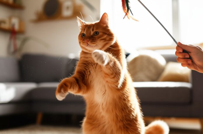 Hyperrealistic photograph, low-angle view of a ginger tabby cat mid-leap, paws extended to catch a feather toy. A human hand holds the toy just above the cat. Natural sunlight illuminates a cozy living room with soft bokeh in the background. Dust motes are visible in the air. No text. Artefact-free, anatomically correct.