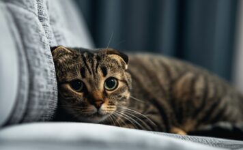 Katzen Stress reduzieren: So sorgen Sie für eine entspannte Katze! Hyperrealistic close-up of a tabby cat, partially hidden under a plush grey sofa in a dimly lit living room. Soft window light illuminates the cat's face, showing dilated pupils and slightly flattened ears, indicating stress. Focus on detailed fur texture, realistic lighting and shadows. No text.