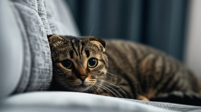 Hyperrealistic close-up of a tabby cat, partially hidden under a plush grey sofa in a dimly lit living room. Soft window light illuminates the cat's face, showing dilated pupils and slightly flattened ears, indicating stress. Focus on detailed fur texture, realistic lighting and shadows. No text.