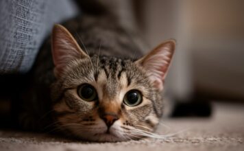 Hyperrealistic close-up of a shorthair cat, partially hidden beneath a sofa in a dimly lit living room. The cat peeks out, eyes wide and alert, pupils dilated. Focus on detailed fur texture, subtle lighting, shallow depth of field. Photorealistic, no text, artefaktfrei.