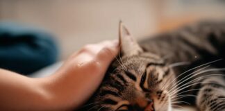 Hyperrealistic close-up of a hand gently massaging a tabby cat's head. Cat lying on a soft blanket, eyes half-closed in contentment. Soft, warm indoor lighting. Shallow depth of field, focus on relaxed expression and detailed fur texture. Photorealistic, no text.
