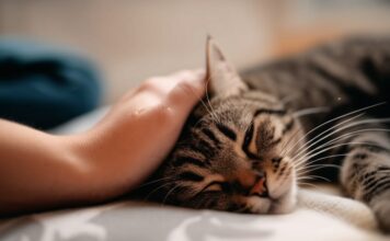 Katzenmassage: Sanfte Streicheleinheiten für Körper & Seele! Hyperrealistic close-up of a hand gently massaging a tabby cat's head. Cat lying on a soft blanket, eyes half-closed in contentment. Soft, warm indoor lighting. Shallow depth of field, focus on relaxed expression and detailed fur texture. Photorealistic, no text.
