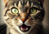 Hyperrealistic extreme close-up of a tabby cat's face, mid-meow, mouth slightly open revealing pink tongue and teeth, detailed fur texture, individual whiskers visible, wet nose, intense green eyes looking directly at the viewer, soft, warm morning light from a window casting subtle shadows, shallow depth of field, blurred background, photorealistic, no text or letters.