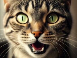 Hyperrealistic extreme close-up of a tabby cat's face, mid-meow, mouth slightly open revealing pink tongue and teeth, detailed fur texture, individual whiskers visible, wet nose, intense green eyes looking directly at the viewer, soft, warm morning light from a window casting subtle shadows, shallow depth of field, blurred background, photorealistic, no text or letters.
