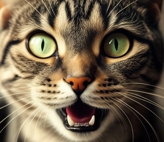 Hyperrealistic extreme close-up of a tabby cat's face, mid-meow, mouth slightly open revealing pink tongue and teeth, detailed fur texture, individual whiskers visible, wet nose, intense green eyes looking directly at the viewer, soft, warm morning light from a window casting subtle shadows, shallow depth of field, blurred background, photorealistic, no text or letters.