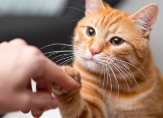Ultra-detailed, hyperrealistic photograph of a ginger tabby cat attentively offering its paw to a slightly out-of-focus human hand during a clicker training session. Focus on the texture of the cat's fur, individual whiskers, pink paw pads, and the subtle wrinkles on the human hand. Soft, diffused studio lighting, shallow depth of field for a professional, artifact-free image. No text or letters.