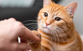 Ultra-detailed, hyperrealistic photograph of a ginger tabby cat attentively offering its paw to a slightly out-of-focus human hand during a clicker training session. Focus on the texture of the cat's fur, individual whiskers, pink paw pads, and the subtle wrinkles on the human hand. Soft, diffused studio lighting, shallow depth of field for a professional, artifact-free image. No text or letters.