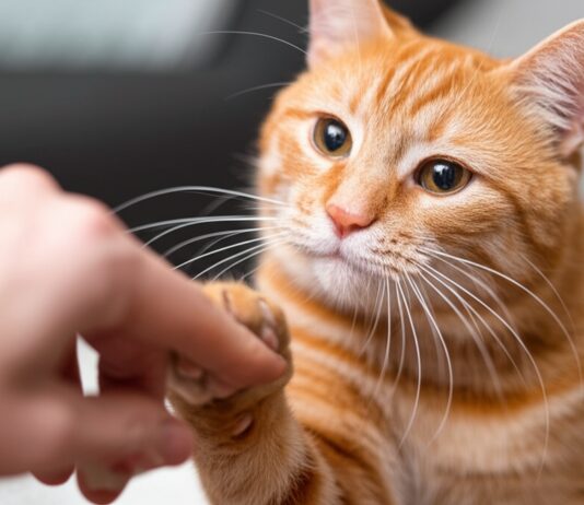 Ultra-detailed, hyperrealistic photograph of a ginger tabby cat attentively offering its paw to a slightly out-of-focus human hand during a clicker training session. Focus on the texture of the cat's fur, individual whiskers, pink paw pads, and the subtle wrinkles on the human hand. Soft, diffused studio lighting, shallow depth of field for a professional, artifact-free image. No text or letters.