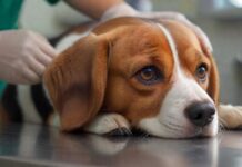 Hyperrealistic close-up photograph: A veterinarian's gentle hands carefully examine a calm Beagle dog on a stainless steel examination table. Soft, warm clinical lighting illuminates detailed fur texture and concerned eyes. Blurred modern vet clinic background. Utmost photorealism, anatomically perfect, depth of field. Absolutely no text or letters visible anywhere. Flawless rendering, no artifacts.